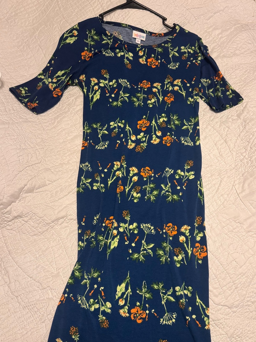 LuLaRoe Navy Dress with Orange & Green Floral Print